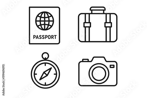 Travel essentials gear vector grid icon set including passport suitcase compass camera.
