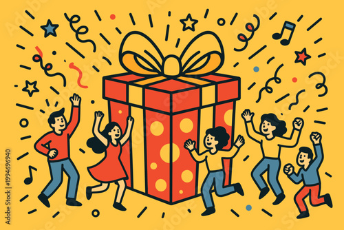 Celebration party joy flat cartoon comic banner featuring oversized gift box and tiny dancers.