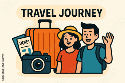 Travel journey exploration flat vector banner showing suitcase tickets camera and travelers.
