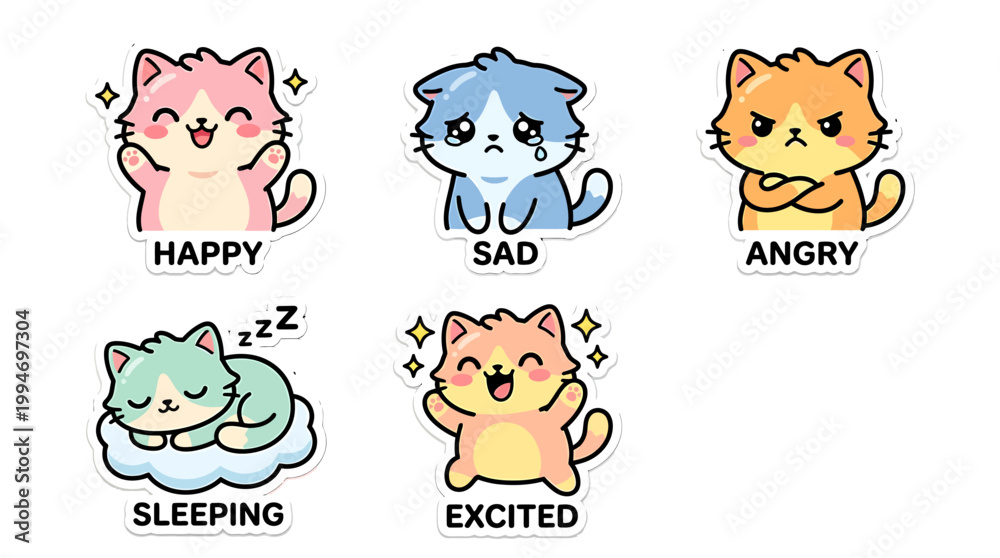 Obraz premium Cartoon cats display various emotions like happy, sad, angry, sleeping and excited.