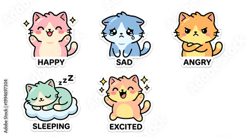 Cartoon cats display various emotions like happy, sad, angry, sleeping and excited.