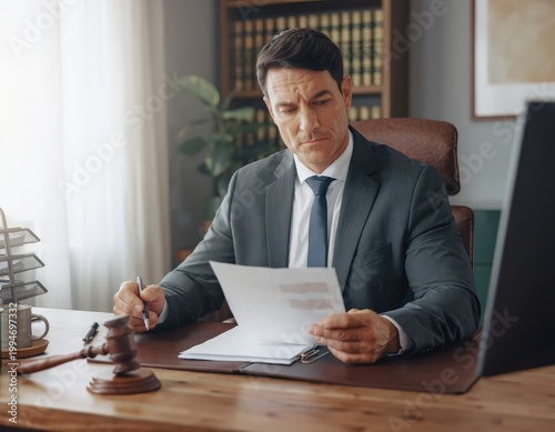 a focused lawyer carefully reviewing legal documents, emphasizing diligence and professionalism. The scene is set in an office setting