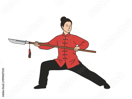 Woman Practicing Wushu Martial Arts with Guan Dao Polearm