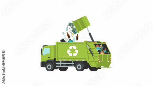 Green recycling truck loading waste and e-waste vector