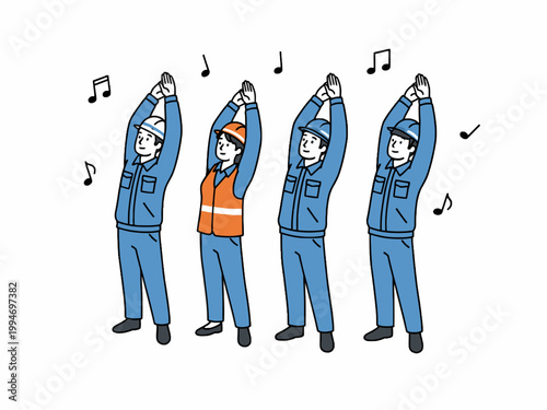 Construction Workers Stretching with Music Notes on White Background