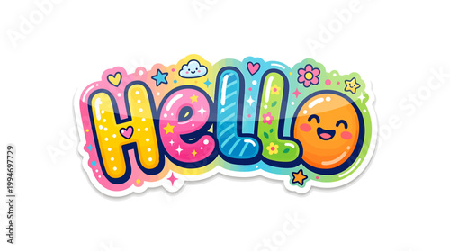 Vibrant colorful illustration of a smiling orange with the word Hello surrounded by flowers and stars