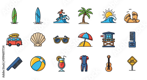 Beach vacation icons and symbols.