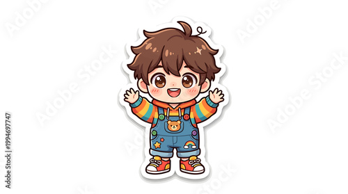 A cartoon boy with brown hair and colorful clothing stands with arms raised.