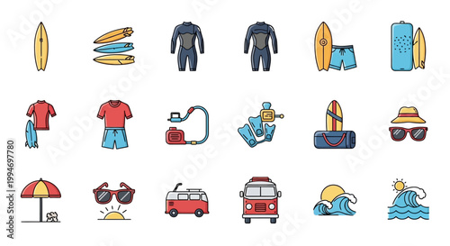 Surfing vacation summer beach icons.