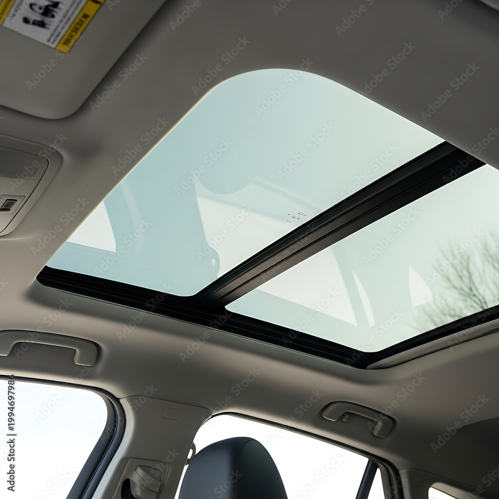 Naklejka premium Car sunroof open, clear glass, bright daylight, interior view.