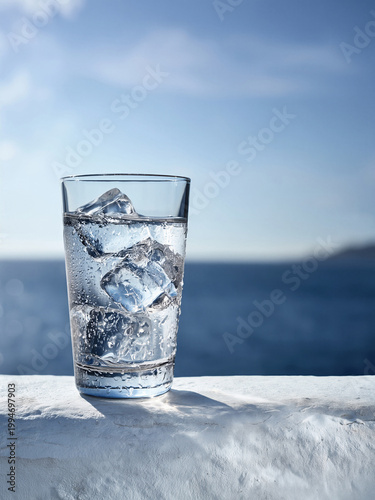 A close up of a glass of water with ice on a white stone ledge