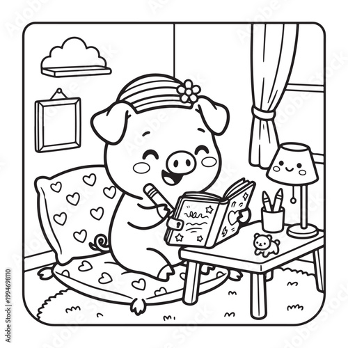 Piglet Writing Diary Coloring Page for Kids Cute Kawaii Simple Bold Outline Fun Art Design