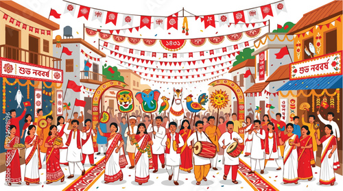 Pohela Boishakh Celebration in a Bengali Village with People Dancing and Parading Traditional Symbols and Banners