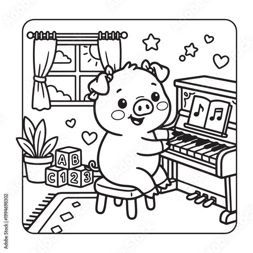 Piglet Playing Piano Coloring Page for Kids Cute Kawaii Simple Bold Line Art Design Page
