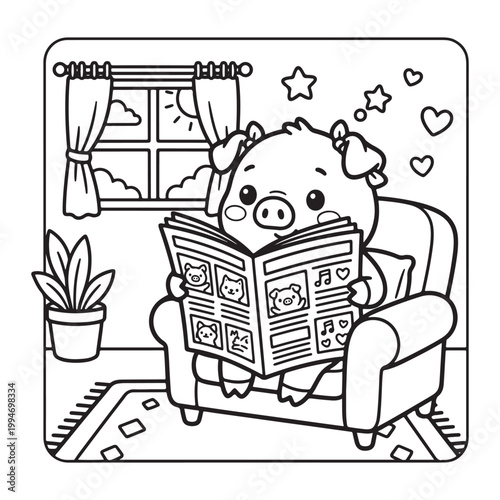 Piglet Reading Newspaper Coloring Page for Kids Cute Kawaii Simple Outline Art Design