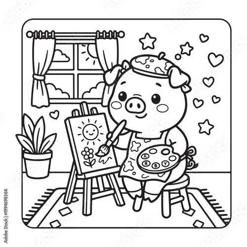 Piglet Painting Coloring Page for Kids Cute Kawaii Artist Animal Bold Line Art Design