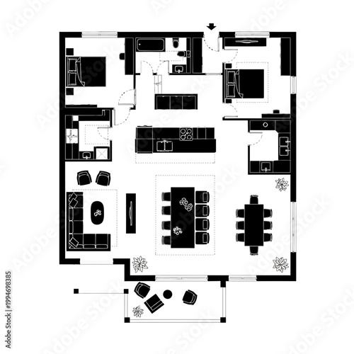 Black and white office floor plan.