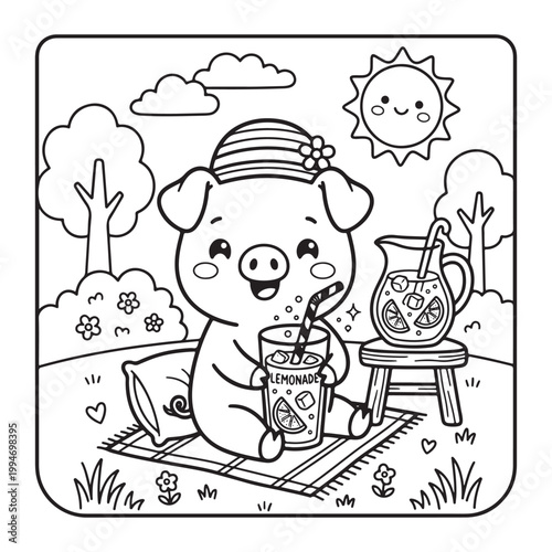 Piglet Drinking Lemonade Coloring Page for Kids Cute Kawaii Simple Line Art Fun Design