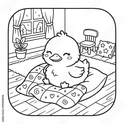Duckling Resting Coloring Page for Kids Cute Kawaii Simple Line Art Fun Design