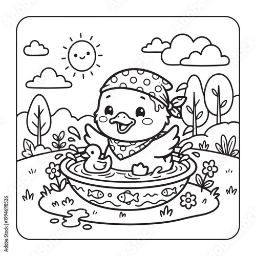 Duckling Playing In Water Coloring Page for Kids Cute Kawaii Fun Bold Line Art Design Page