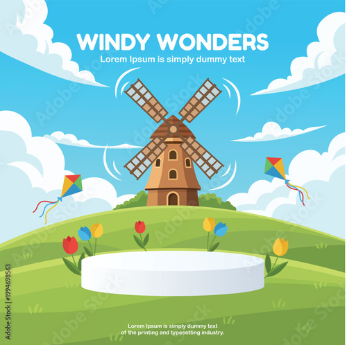 Spring Season Sale Banner Background with Tulip Garden and Windmill