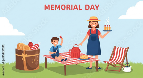 Mother and son enjoy memorial day picnic with food and drinks on green grass