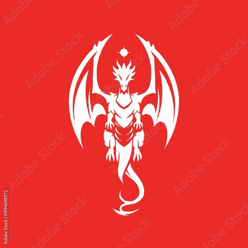 White dragon creature on red background.