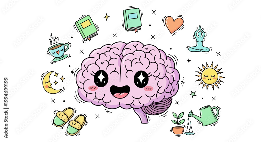 Fototapeta premium Smiling Brain Surrounded by Various Icons and Symbols in Space