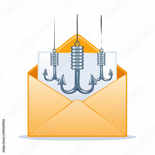 Email phishing scam concept with fishing hooks in an open envelope illustration