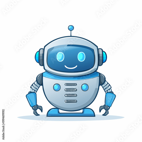 Friendly robot character, cartoon illustration, smiling, futuristic AI technology