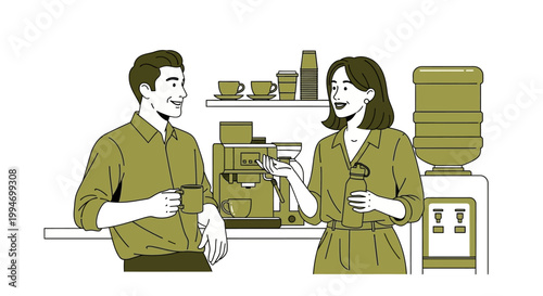 Colleagues chat by coffee machine in modern office breakroom