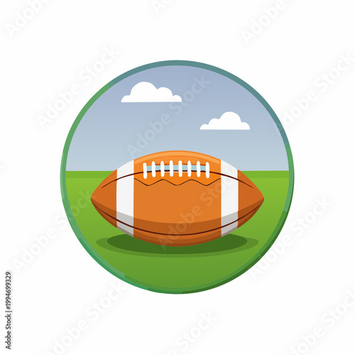Football illustration with green grass, sky, and fluffy clouds inside a circular frame.