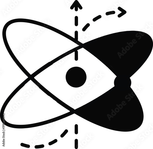 Black atom symbol, atomic structure icon, science illustration, vector graphic