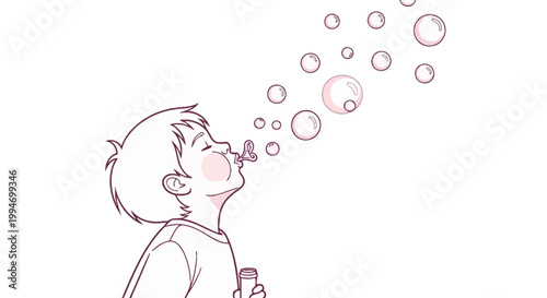 Child Blowing Bubbles Outdoors Playfully.