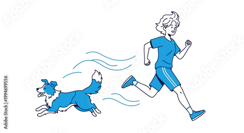 Happy person running with excited dog in line art style