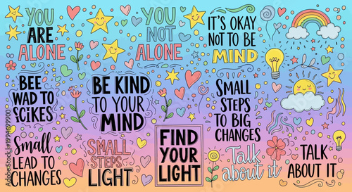 A vibrant inspirational poster with motivational quotes and colorful illustrations encourages self-care and kindness to oneself and others in a lively setting.