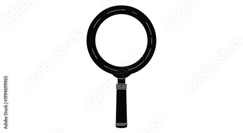 Black magnifying glass with handle, isolated on white background, tool for investigation and inspection