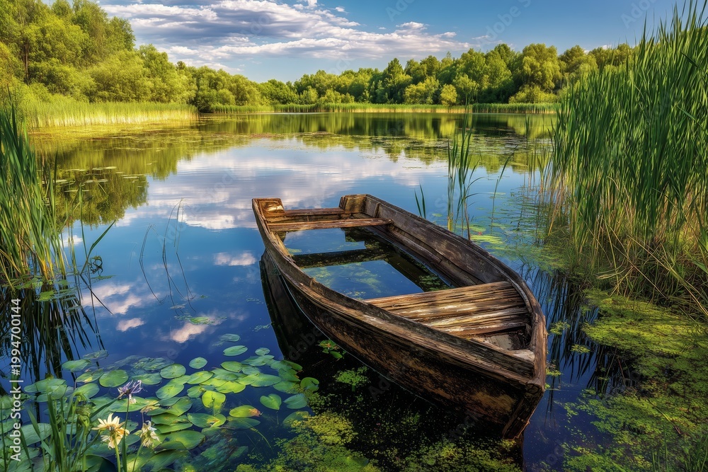Obraz premium Rustic Rowboat on Serene Forest Lake. 