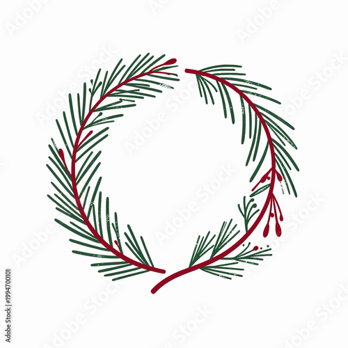 Retro Holiday Stamp Vector: Decorative Evergreen Wreath Graphic Design for Christmas Season and New Year Greetings