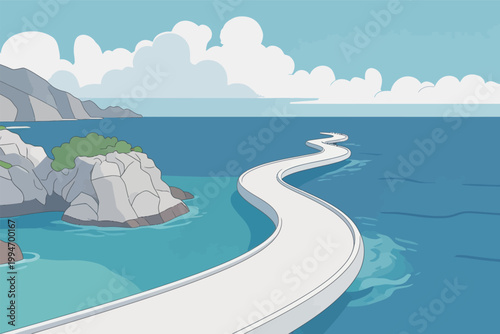 Winding Road Along Seaside with Rocky Outcrops