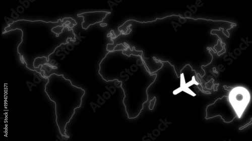 Minimalist world map with airplane and location pin animation