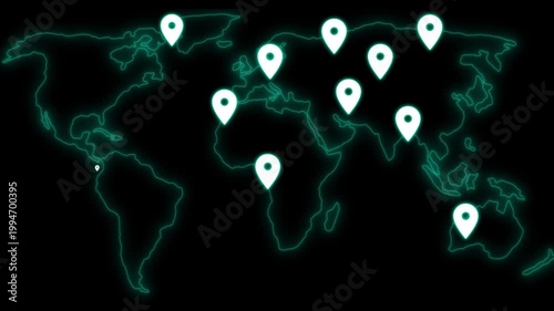 Glowing world map with location markers animation