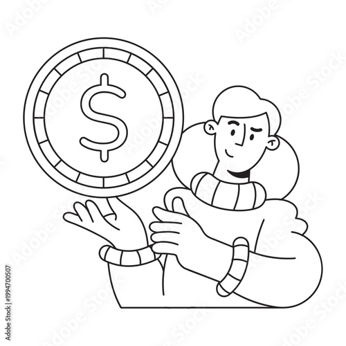 Happy young woman holding a giant golden dollar coin for finance
