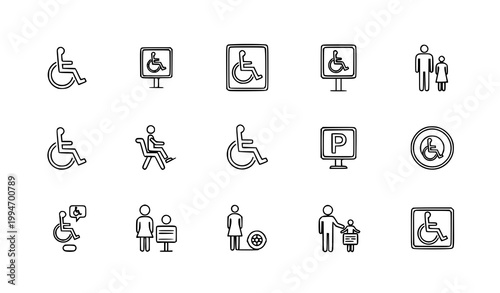 Accessibility outline icon set with wheelchair disabled symbols for inclusive design and signage systems
