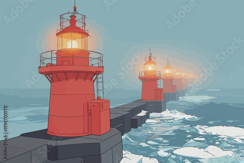 Red Lighthouses Along Pier in Icy Ocean