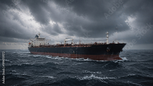 Massive Oil Tanker Navigating Stormy Open Sea Under Dramatic Sky