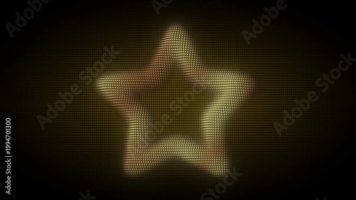 Golden Five-Pointed Star Frame With Rotating Animation, Digital Dot Particles on Dark Background, Glowing Dot Grid 3D Geometric Shape, 4K Seamless Loop
