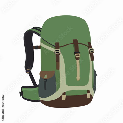 Detailed Flat Vector Illustration of a Hiking Backpack for Camping and Outdoor Adventure, Featuring Wilderness Trekking Gear Concept