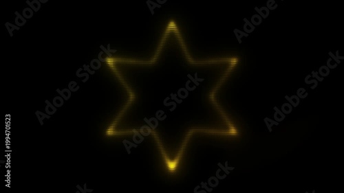 Golden Six-Pointed Star Frame With Scanner Effect Animation, Digital Dot Particles on Dark Background, Golden Scanning Dot Grid Geometric Shape, 4K Seamless Loop