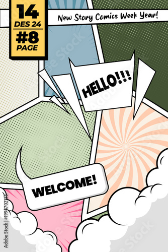 Colorful Pop Art Comic Page With Speech Bubbles Saying Hello and Welcome
